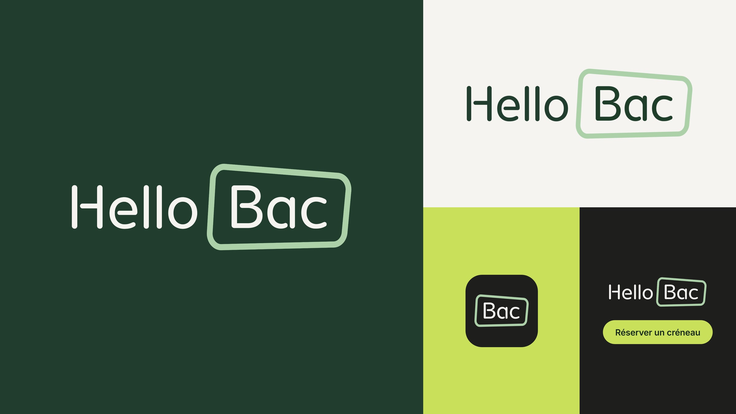 Identité visuelle Hello Bac : logo sur fond vert et sur fond clair, icône et bouton de réservation du site