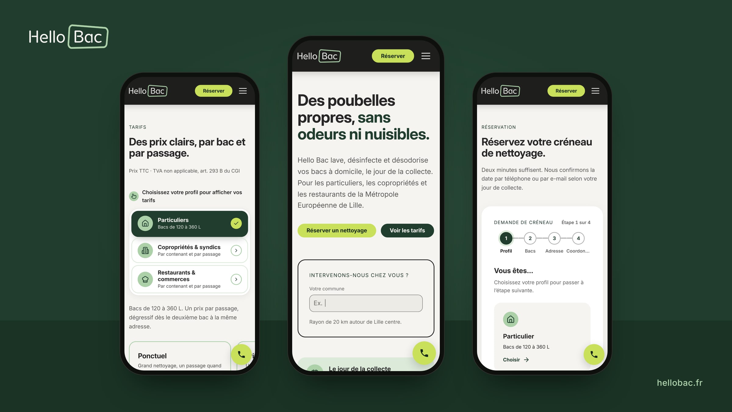 Le site Hello Bac sur téléphone : accueil, grille de tarifs et réservation en ligne