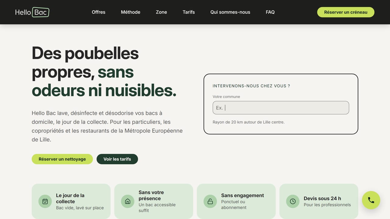 Page d'accueil du site Hello Bac, nettoyage de poubelles à domicile autour de Lille